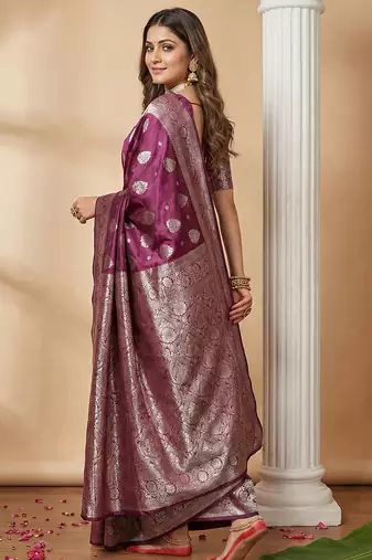 magenta wine soft silk blend saree with silver zari details