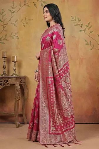 rani pink zari woven saree with rich border & heavy pallu 
