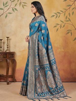 teal blue zari woven saree with rich border & heavy pallu  2