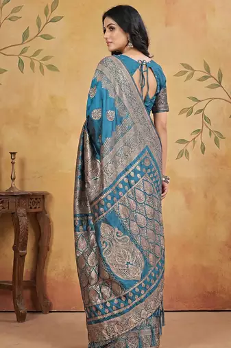 teal blue zari woven saree with rich border & heavy pallu 