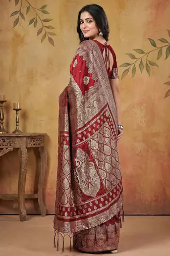 maroon zari woven saree with rich border & heavy pallu 