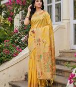Sutriti mustard yellow woven linen saree with artistic pallu & tassels | festive & day function wear