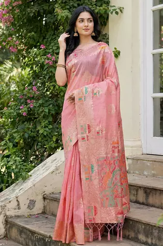 Sutriti blush pink woven linen saree with artistic pallu & tassels | elegant party & festive wear