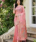 Sutriti blush pink woven linen saree with artistic pallu & tassels | elegant party & festive wear