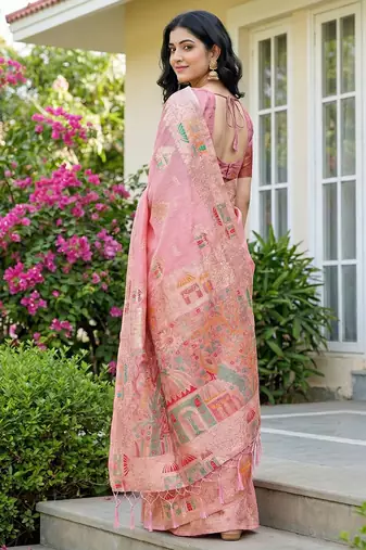blush pink woven linen saree with artistic pallu & tassels 