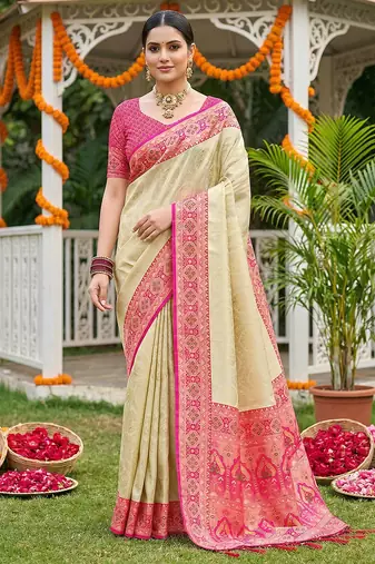 Sutriti elegant cream & hot pink art silk kanjivaram style saree with rich zari border & paisley pallu