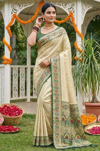 Sutriti elegant cream & green art silk kanjivaram style saree with rich zari border & paisley pallu