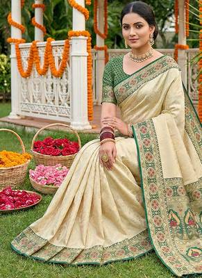 elegant cream & green art silk blend kanjivaram style saree with rich zari border & paisley pallu 3