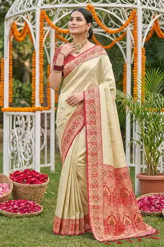 Sutriti elegant cream & red art silk kanjivaram style saree with rich zari border & paisley pallu