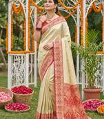 Sutriti elegant cream & red art silk kanjivaram style saree with rich zari border & paisley pallu