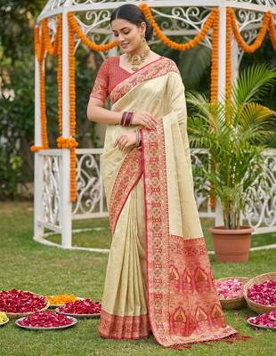 elegant cream & red art silk blend kanjivaram style saree with rich zari border & paisley pallu 2