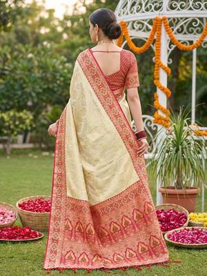 elegant cream & red art silk blend kanjivaram style saree with rich zari border & paisley pallu 3