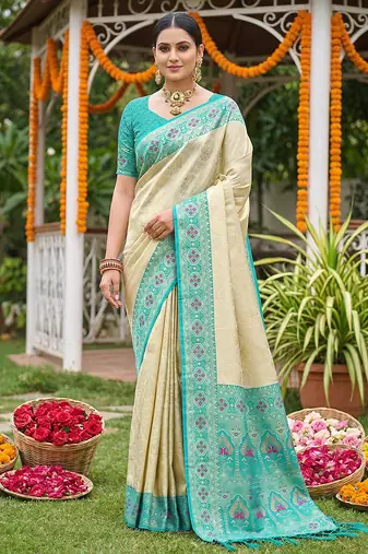 Sutriti elegant cream & turquoise art silk kanjivaram style saree with rich zari border & paisley pallu