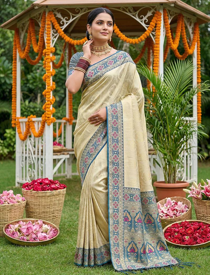 Sutriti elegant cream & teal art silk kanjivaram style saree with rich zari border & paisley pallu