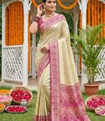 Sutriti elegant cream & magenta art silk kanjivaram style saree with rich zari border & paisley pallu