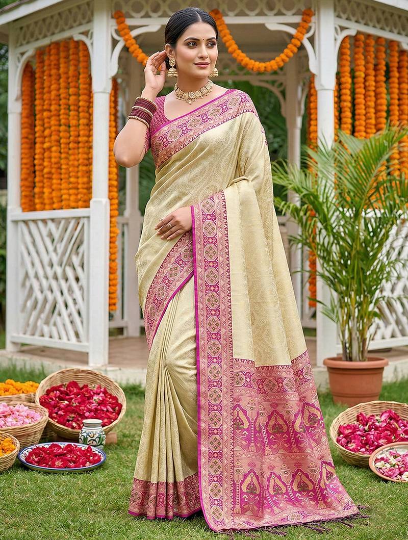 Sutriti elegant cream & magenta art silk kanjivaram style saree with rich zari border & paisley pallu