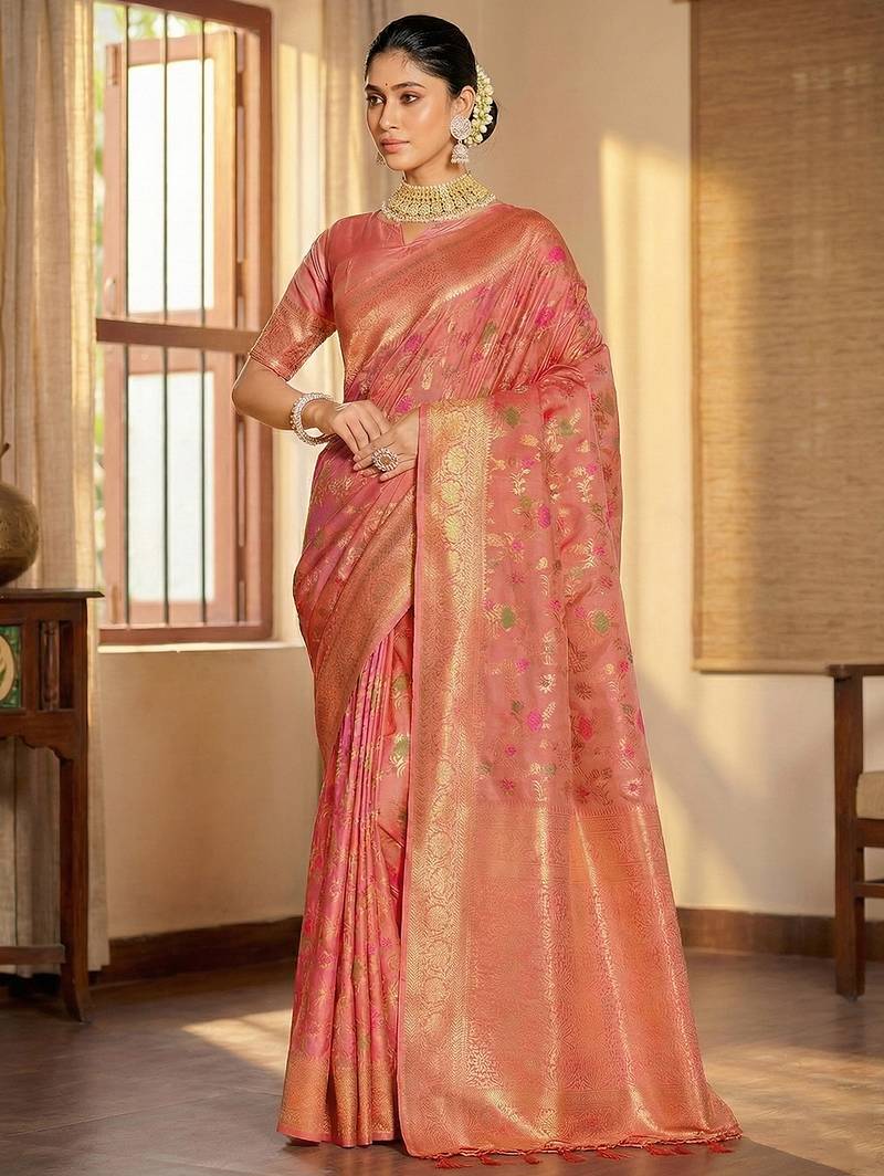 Sutriti graceful peach banarasi silk saree with golden zari woven border & floral jaal – wedding & festive wear