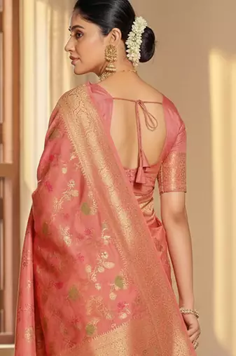 peach banarasi silk blend saree with golden zari woven border