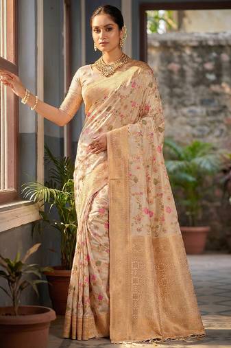 Sutriti graceful white banarasi silk saree with golden zari woven border & floral jaal – wedding & festive wear