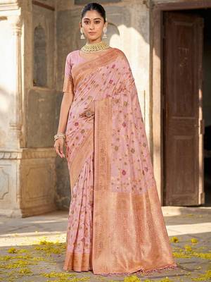 pink banarasi silk blend saree with golden zari woven border 1