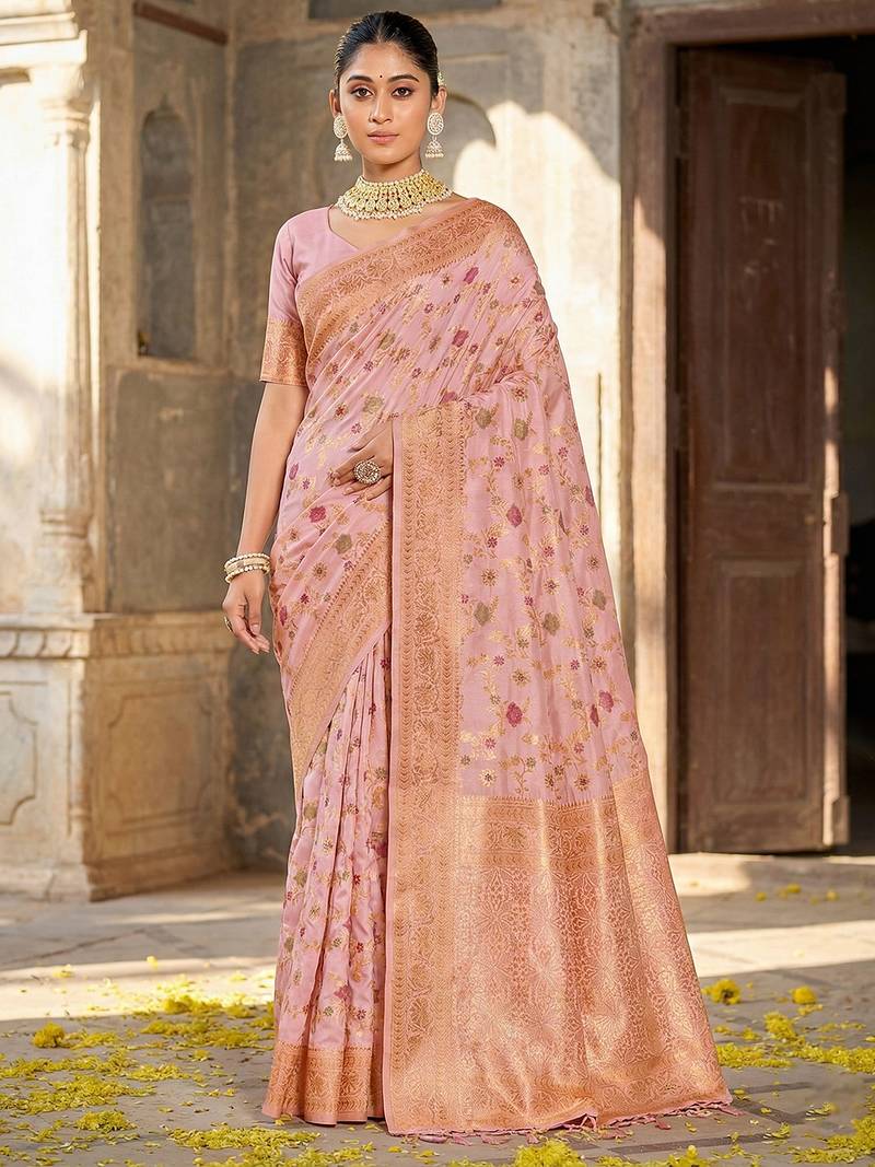 Sutriti graceful pink banarasi silk saree with golden zari woven border & floral jaal – wedding & festive wear