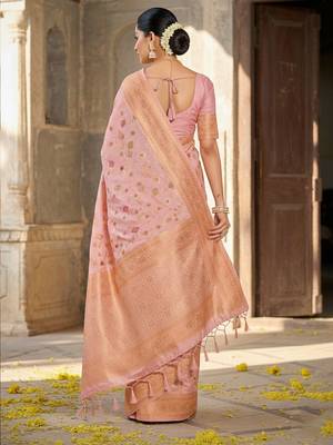 pink banarasi silk blend saree with golden zari woven border 2
