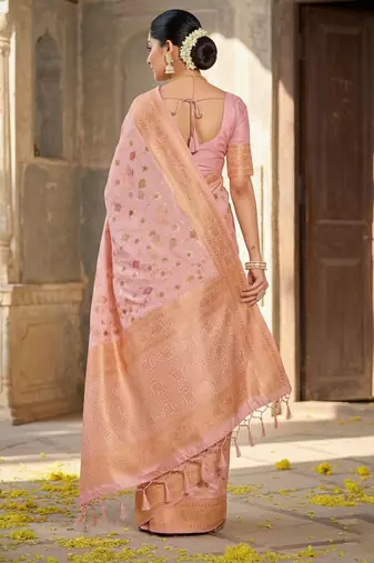pink banarasi silk blend saree with golden zari woven border