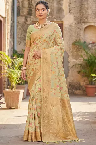 Sutriti graceful light green banarasi silk saree with golden zari woven border & floral jaal – wedding & festive wear