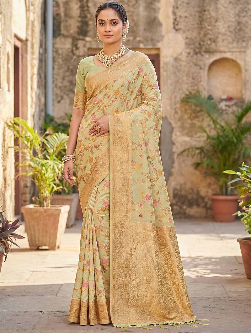 Sutriti graceful light green banarasi silk saree with golden zari woven border & floral jaal – wedding & festive wear