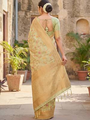 light green banarasi silk blend saree with golden zari woven border 2