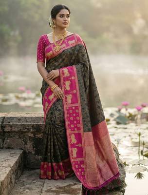 women black soft silk blend saree with pink nandi zari temple border 1