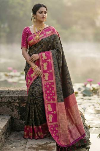 Sutriti women black soft silk saree with pink nandi zari temple border