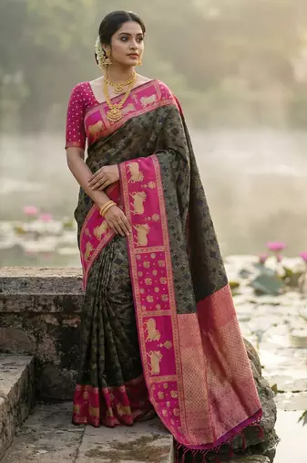 Sutriti women black soft silk saree with pink nandi zari temple border
