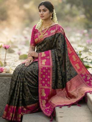 women black soft silk blend saree with pink nandi zari temple border 2