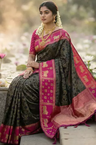 women black soft silk blend saree with pink nandi zari temple border