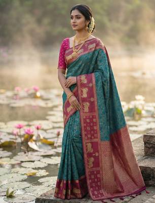 women teal blue soft silk blend saree with pink nandi zari border 1