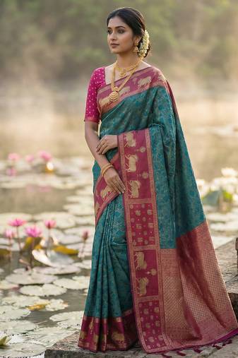Sutriti women teal blue soft silk saree with pink nandi zari border