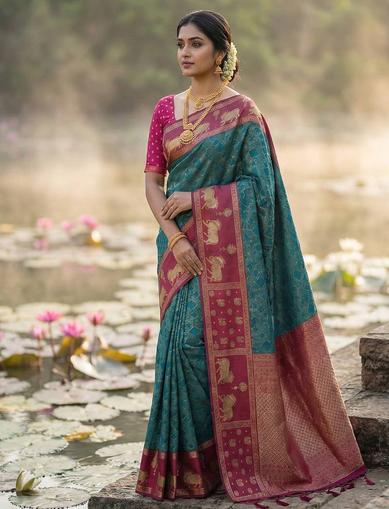 Sutriti women teal blue soft silk saree with pink nandi zari border