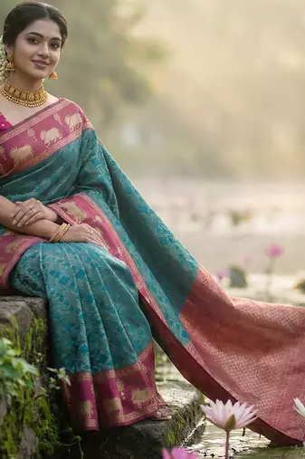 women teal blue soft silk blend saree with pink nandi zari border