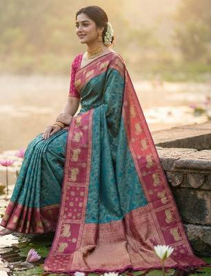 women teal blue soft silk blend saree with pink nandi zari border 3