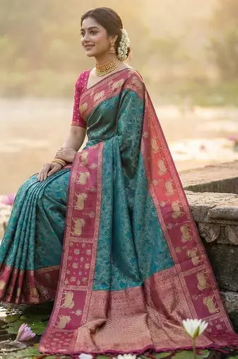 women teal blue soft silk blend saree with pink nandi zari border