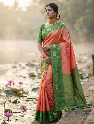 women peach soft silk blend saree with green nandi zari border 1