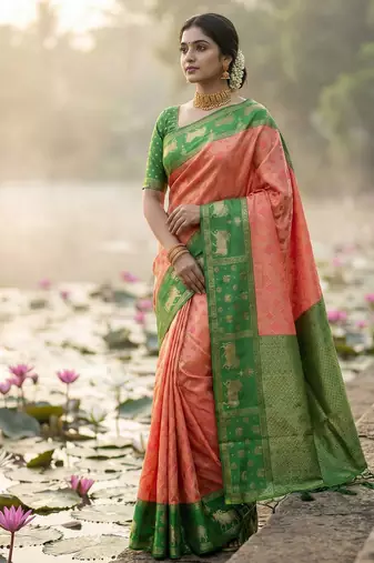 Sutriti women peach soft silk saree with green nandi zari border