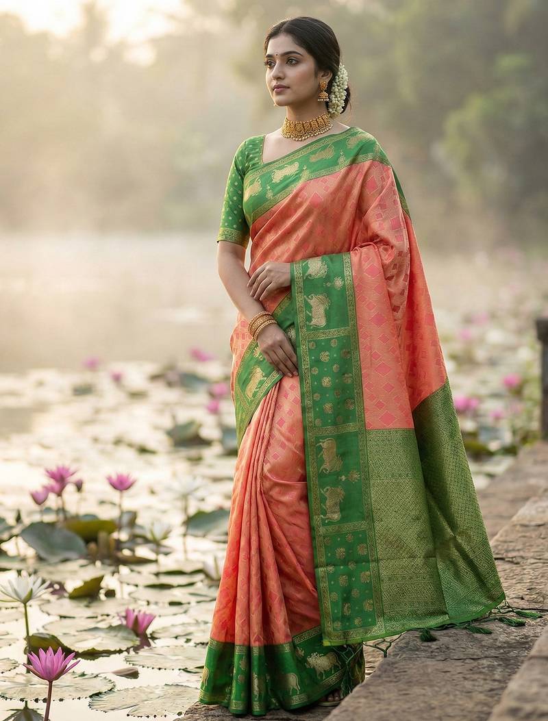 Sutriti women peach soft silk saree with green nandi zari border