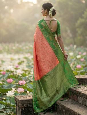 women peach soft silk blend saree with green nandi zari border 4