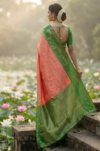 women peach soft silk blend saree with green nandi zari border