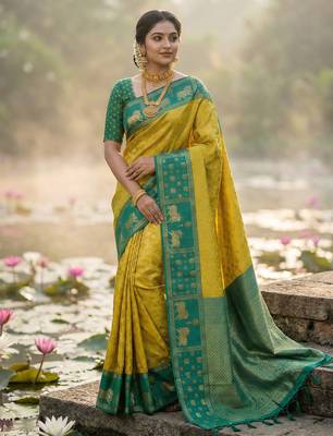 women yellow soft silk blend saree with green nandi zari border 1