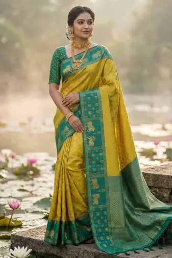 Sutriti women yellow soft silk saree with green nandi zari border