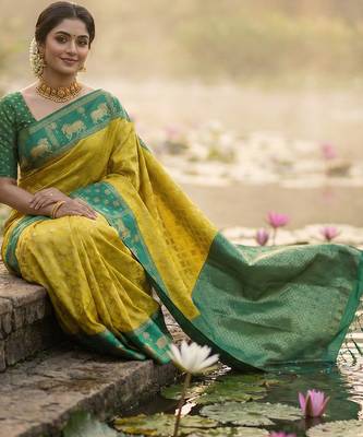 women yellow soft silk blend saree with green nandi zari border 2