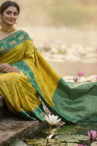 women yellow soft silk blend saree with green nandi zari border